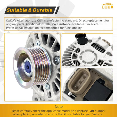 12V 100A High Output Replacement Alternator With 6 Groove Pulley For Mazda CX5 CX3 MX5 Miata And Toyota Yaris Yaris iA Scion iA Fits 2013-2019 And 2022-2023 Mazda Models close-up view