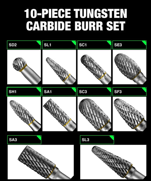 10 Piece Carbide Burr Set With One Quarter Inch Shank And Clear Storage Box 8mm Head Diameter Die Grinder Bits Kit
