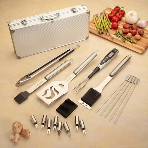 Deluxe 20-Piece BBQ Tool Set With Stainless Steel Grilling Tools And Aluminum Case Includes Spatula, Tongs, Digital Temperature Fork