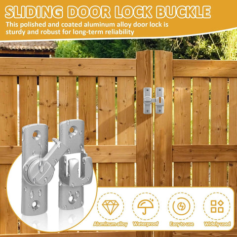 Aluminum alloy sliding door latch set shown in 90 degree configuration, installed on wooden garden gate for privacy.
