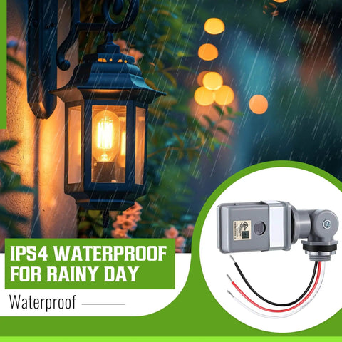 Image of IP54 waterproof 4 Pack Photocell Sensor For Outdoor Lights, 120V AC 50 60 Hz, rotatable dusk to dawn switch next to lantern.