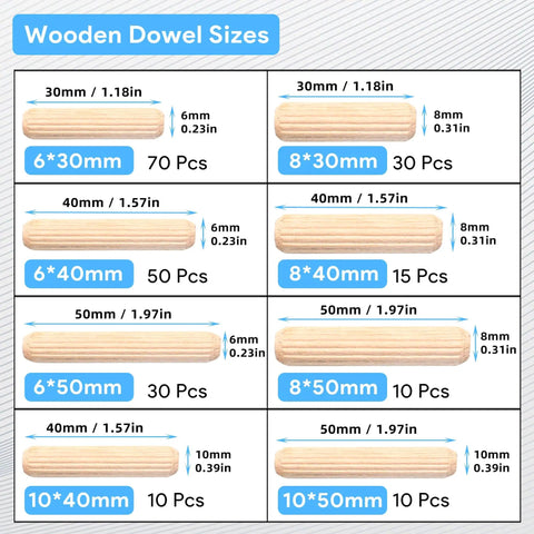 Fluted Wood Dowels Kit 225 Pcs Hardwood Dowel Pins Set with eight size chart showing dimensions and quantities for woodworking and DIY.