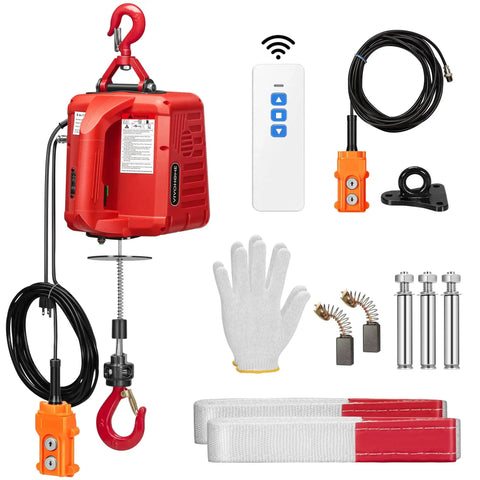 3-In-1 Electric Hoist Winch 1540Lb Lift With Wireless Remote And Wired Control, showing red hoist, remote, cables, and accessories