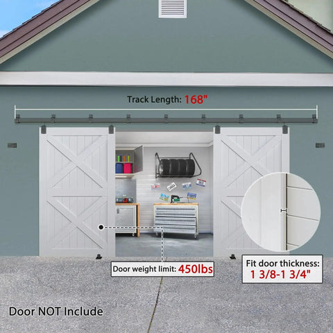 Exterior Barn Door Hardware Kit For Outdoor Use 14FT Sliding Barn Door Hardware Track Kit Heavy Duty For Double Doors Wall Mount Black Finish Galvanized Steel Rust Proof Outdoor Grade With 50000 Cycle Testing installed on garage