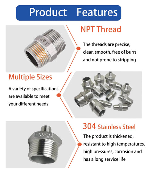 POTONZ 1" NPT male-to-male hex nipple fittings, 304 stainless steel, pack of 2 with Teflon tape.