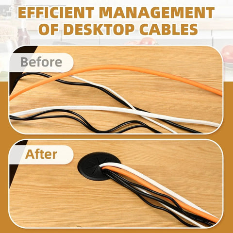 Two Piece Desk Grommet Set In Black ABS Plastic For Cable Management showing before and after cable organization