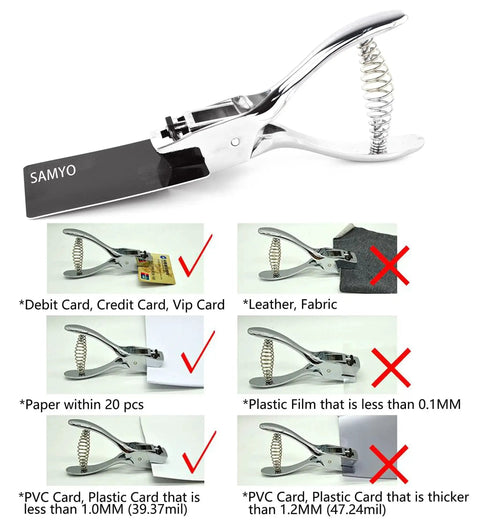 Pro Grade Heavy Duty Handheld ID Card Slot Punch Tool for Lanyards and Badges, metal puncher plier for PVC tags, shown with examples