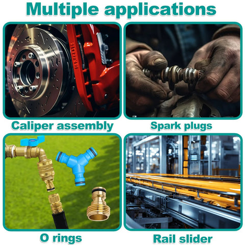 KEZE 92003 silicone grease with PTFE collage showing four items: caliper, spark plugs, O-rings, rail slider