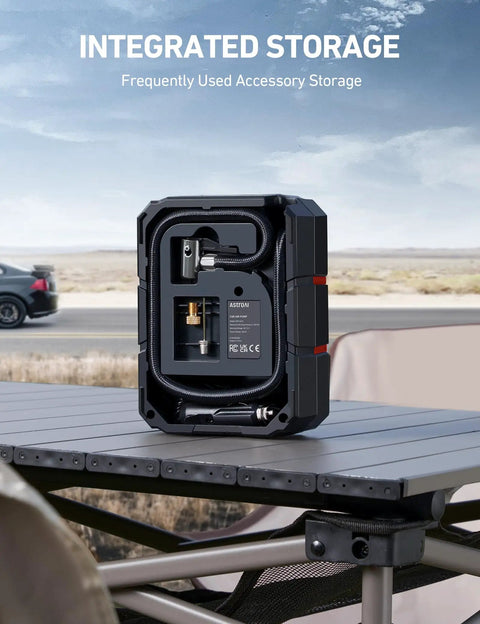 Portable Tire Inflator With Digital Display And Auto Shutoff 12V DC Car Air Pump 150 PSI integrated storage on a table.