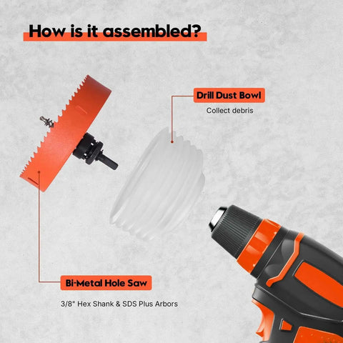 Assembly view of Six And A Quarter Inch Hole Saw For Recessed Can Lights With Dust Bowl Dust Catcher Bi Metal Wood Drywall Hole Cutter