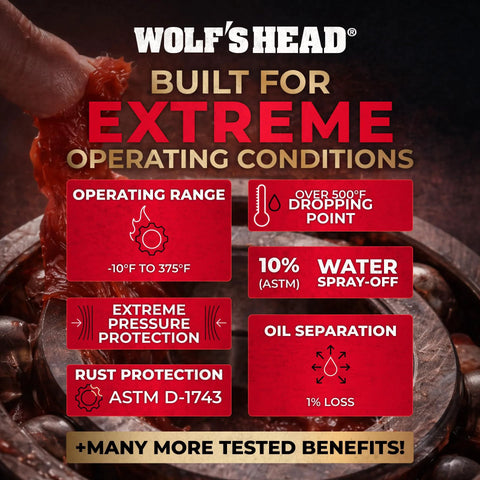 Wolf’s Head Red Grease NLGI #2, 14 oz tubes, pack of 10; packaging shows extreme operating conditions panels.