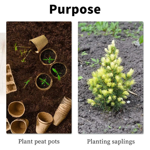 Garden scene with plant peat pots and planting saplings in soil.
