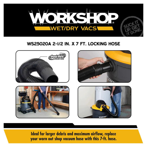 Dual Flex 2.5 Inch By 7 Foot Locking Shop Vac Hose Replacement For Wet Dry Vacuums With 180 Degree Flex At Both Ends displayed