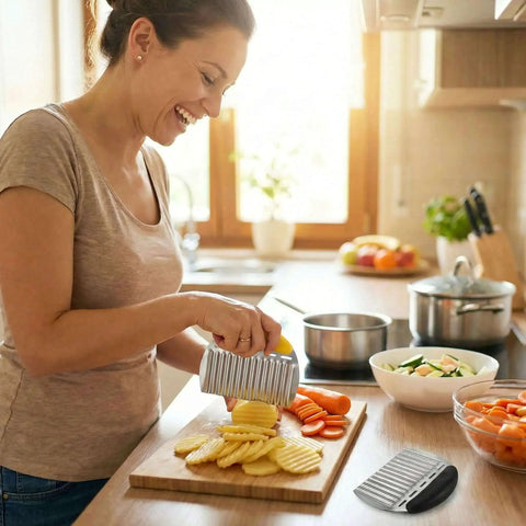 Woman using Two Piece Stainless Steel Crinkle Cutter And French Fry Cutter Set Heavy Duty Wavy Potato Slicer for vegetables