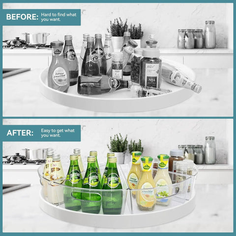 Set Of 6 Transparent Lazy Susan Organizers For Kitchen Cabinets, 10.2 By 9.4 By 4 Inches, used to organize condiments.