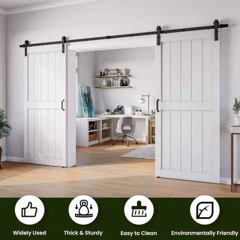 White Double Barn Door Kit With Twelve Foot Sliding Hardware 72 By 84 Inches Paired 36 By 84 Doors Non Bending MDF And PVC Coating