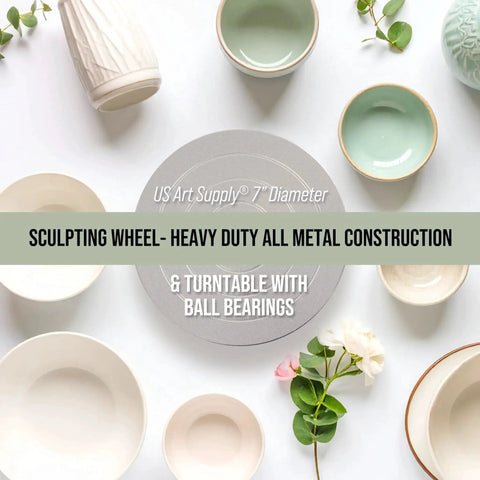 7 Inch Diameter Sculpting Wheel For Ceramics And Pottery With Heavy Duty All Metal Construction And Ball Bearing Turntable Ideal For Cake Decorating Model Making Clay Design Floral Arranging And Other Artists US Art Supply displayed with bowls and flowers.