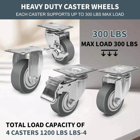 3 Inch Rubber Caster Wheels Set Of 4 With Brakes, Silent Heavy Duty Swivel Plate Casters For Cart, Furniture And Workbench