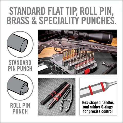 Pro Grade Gunsmithing Punch Set Kit with roll pin and flat tip punches, brass punches included, ideal for firearms disassembly and repair.