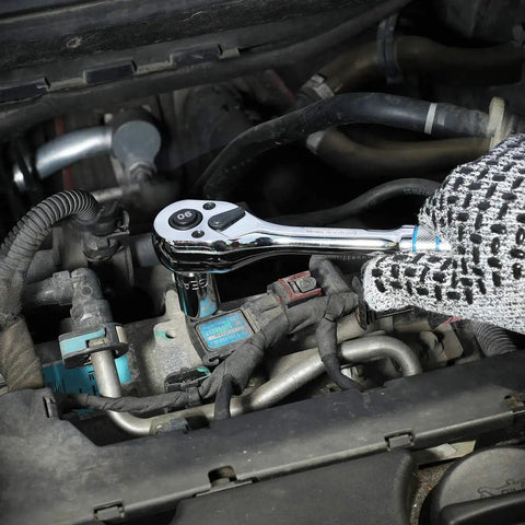 Three Eighths Inch Drive Ratchet With Ninety Tooth Quick Release Reversible Chrome Alloy Finish in automotive use