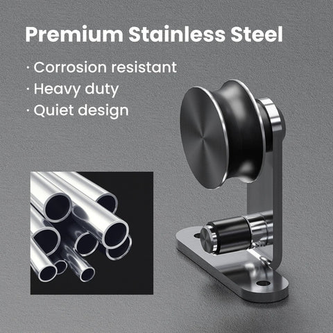Premium stainless steel components of the Top Mount Sliding Barn Door Hardware Kit For Double Doors, 7 Feet Stainless Steel Track And Hardware Set.