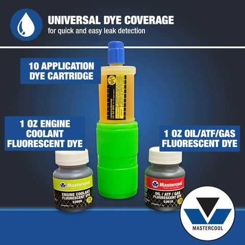All In One UV Leak Detection Kit For Cars And AC Systems With 12V 50W High Intensity UV Light Universal Dyes Safety Glasses R134a And R12 Compatibility Detects Refrigerant Coolant Oil ATF And Fuel Leaks Fast showing application dye cartridge and fluorescent dye bottles.
