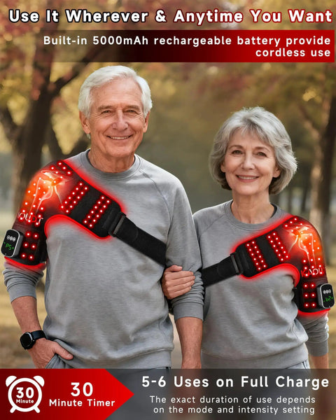 Older couple using Cordless Red Light Therapy Shoulder Wrap With Vibration Massage And Heated Pad 5000mAh Rechargeable Massager outdoors