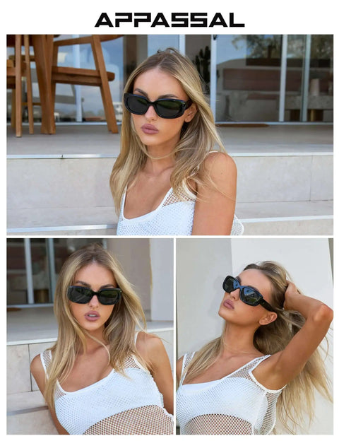 Woman wearing Retro Rectangle Sunglasses for Women and Men, Dope Wraparound Glasses, Vintage Cool Shades UV400 Protection, Durable Frame in Dark Tortoise