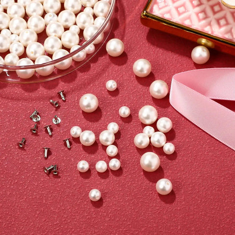 Pearl Rivet Set 150 Pcs Faux Pearl Studs For Hats Shoes Clothes Bags Veil displayed on red fabric with tools