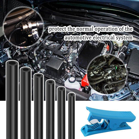 Automotive vacuum hose set, 6 pieces, 4.9 ft each, IDs 1/8-3/8 in, with blue tube cutter; black hoses in engine bay.