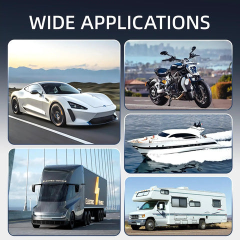 Wide applications of the All In One Car Fuse Kit With 300 Assorted Fuses Micro Mini And Standard Sizes Plus Puller For RV Camper Boat And Truck 2A To 40A Eleven Current Ratings, showcasing cars, motorcycles, boats, trucks, and RVs.