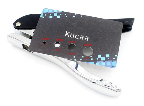 Heavy Duty All Metal Handheld 10mm Circle Hole Punch For ID Cards PVC Cards Bank Cards And Photos, shown with hole guide