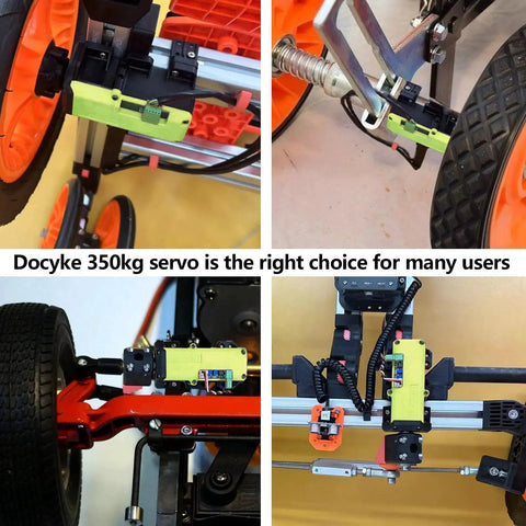 Front view of DOCYKE 550kg high-torque RC servo with lime-green full-metal gear housing mounted on an orange frame.
Side view of DOCYKE 550kg high-torque RC servo with lime-green housing attached to orange chassis rail.
Close-up of lime-green DOCYKE RC servo showing metal gear housing and black connector block.
Installed view of DOCYKE 550kg servo on an orange robotic frame with metal rails and wiring.