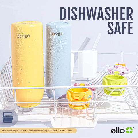 Pop And Fill 22oz Stainless Steel Water Bottle With Quick Fill Lid in dishwasher highlighting dishwasher safe feature.