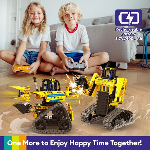 LECPOP 5-in-1 STEM robotics building kit, yellow and black RC excavators on a wooden floor
