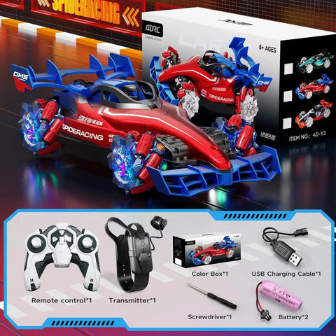Two Point Four GHz Monster RC Truck with lights and music, remote, transmitter, charging cable, ideal for off-road stunts, ages 8+