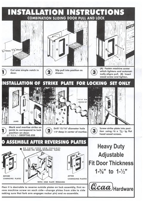 Installation instructions for Solid Brass Pocket Door Pull With Privacy Lock Satin Nickel Finish Rectangular Reversible Handle For Sliding Doors Size Three And One Quarter By Two And One Quarter Inches Made In Taiwan Hardware Included. Includes diagrams and hardware requirements.