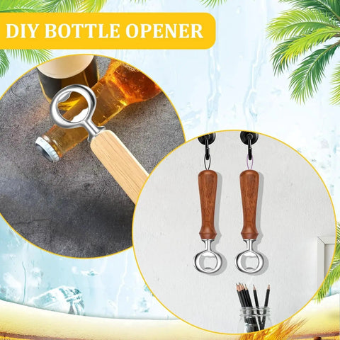 Bulk 15 Piece Metal Bottle Opener Kit With Zinc Alloy Inserts For DIY Wood Turning And Craft Projects Perfect For Valentines Day Weddings Wine Parties And Party Favors, showing installed wooden handles and bottle openers.