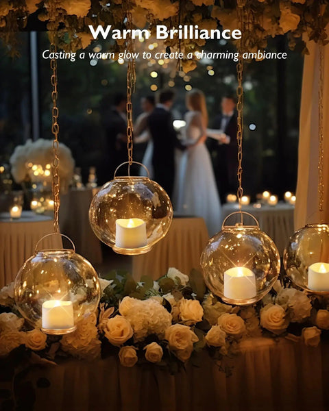Hanging glass globes with Flickering LED Tea Lights 24Pcs Battery Operated For Votive Centerpieces at a wedding reception