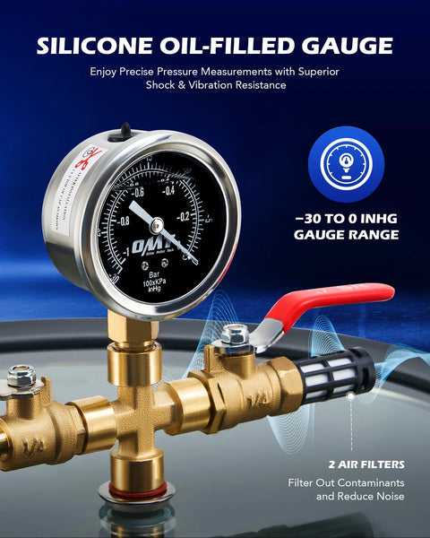 Orion Motor Tech oil-filled pressure gauge on brass valve manifold with red lever