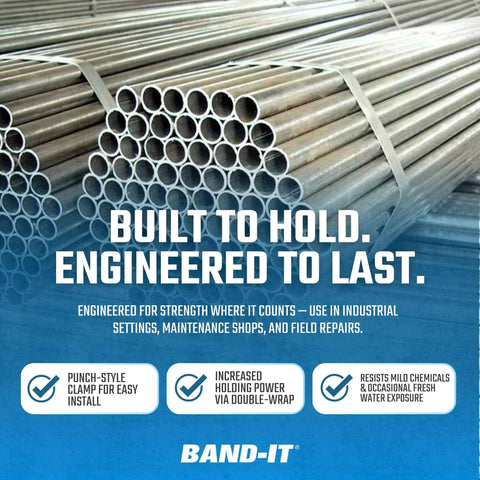 Stack of pipes with BAND-IT branding highlighting punch-style clamps for industrial, maintenance, and field repairs.