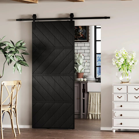 36 By 84 Inch Sliding Barn Door MDF With Waterproof Surface DIY Assembly Ready Pre Drilled Slab With Installation Hardware Kit Black Finish Durable Home Interior Room Door in a contemporary setting.