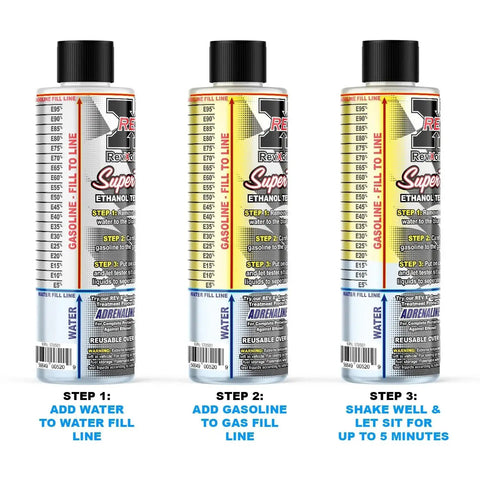 Front view of three bottles of Reusable Gasoline Ethanol Test Kit for Detecting E10 to E90 Ethanol Levels with measurement instructions.
