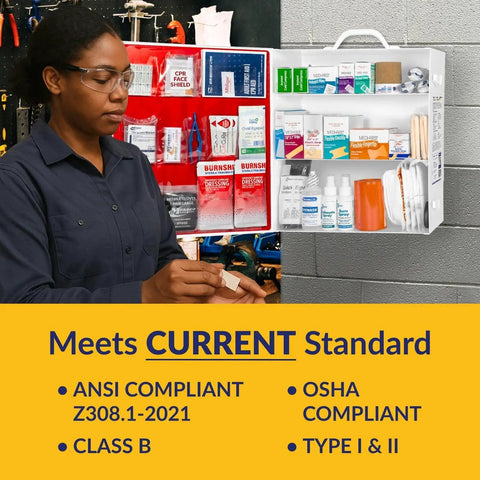 OSHA ANSI 2021 Class B Compliant First Aid Cabinet with visible supplies and a worker in a shop setting, wall mount 3 shelf kit.