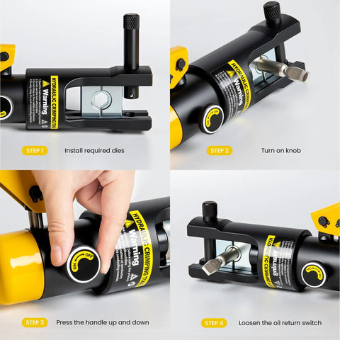 Beefy 16 Ton Hydraulic Wire Crimping Tool With 13 Die Pairs For 9 AWG To 600 MCM Copper And Aluminum Wires instructional steps