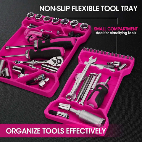 Flexible Silicone Tool Tray 3 Pack for Mechanics and Your Home Shop, heat and chemical resistant tool organizer in pink, showing small and medium sizes with tools.