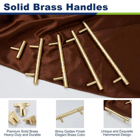 Solid Brass Kitchen Cabinet Pulls Set of 6 in Polished Gold with Hammered T-Bar Handles displayed on fabric