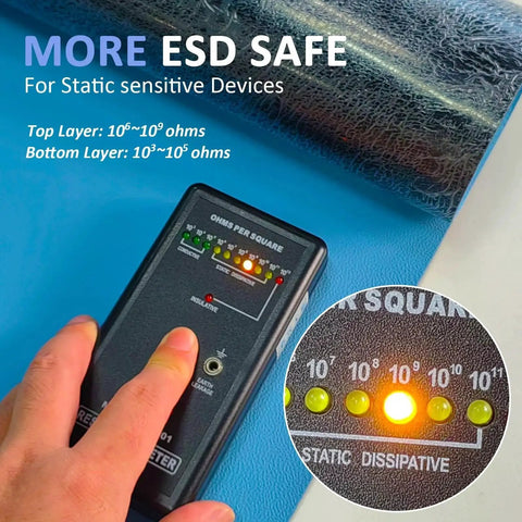 Close-up of ESD Rubber Mat For Workbench 60x24 Inches with leather textured surface and anti-static tester showing resistance levels.