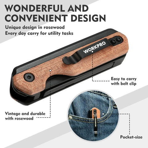 Side view of 2-In-1 Folding Utility Knife With Quick Change Blades Belt Clip Liner Lock in rosewood with belt clip close-up.