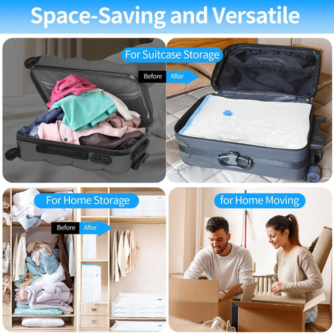 Black electric vacuum pump for storage bags, 55W 5000PA; travel-ready unit shown with suitcase storage and home moving.